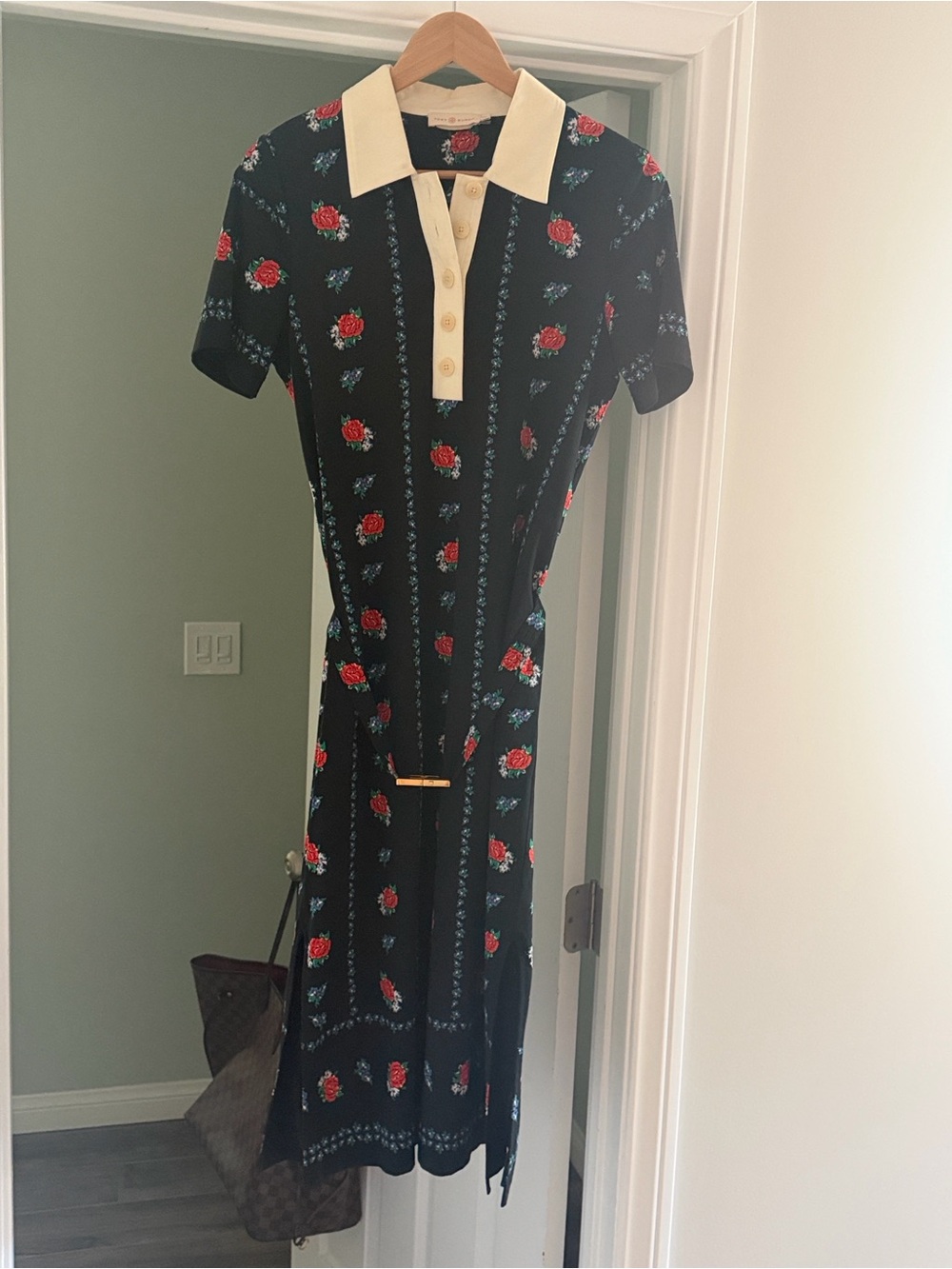 Tory Burch Navy Floral Polo Midi Dress with Cream Collar - Picture 7 of 8